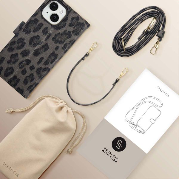 Selencia Étui de télephone portefeuille imprimé léopard Sabi Apple iPhone 15 - Midnight Black