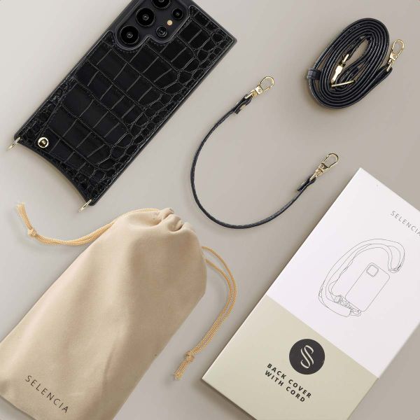 Selencia Coque de télephone Nova Croco avec cordon et porte-cartes Samsung Galaxy S24 Ultra - Noir