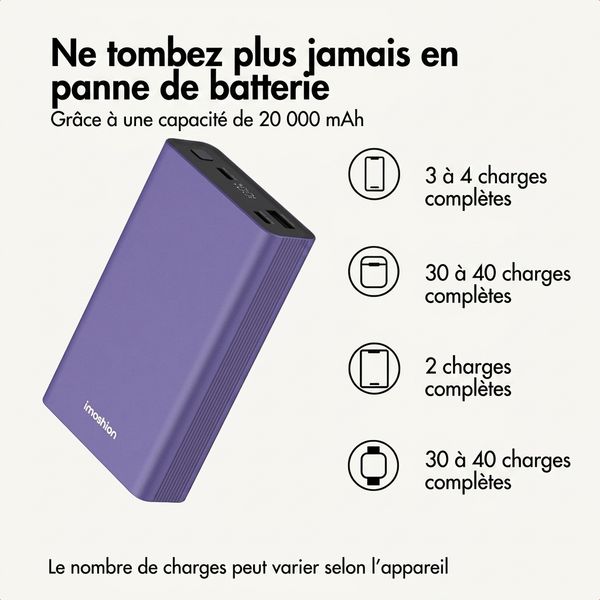 imoshion Ultra Series Aluminium Batterie externe 20.000 mAh - Charge rapide jusqu'à 33 watts - Tropical Violet
