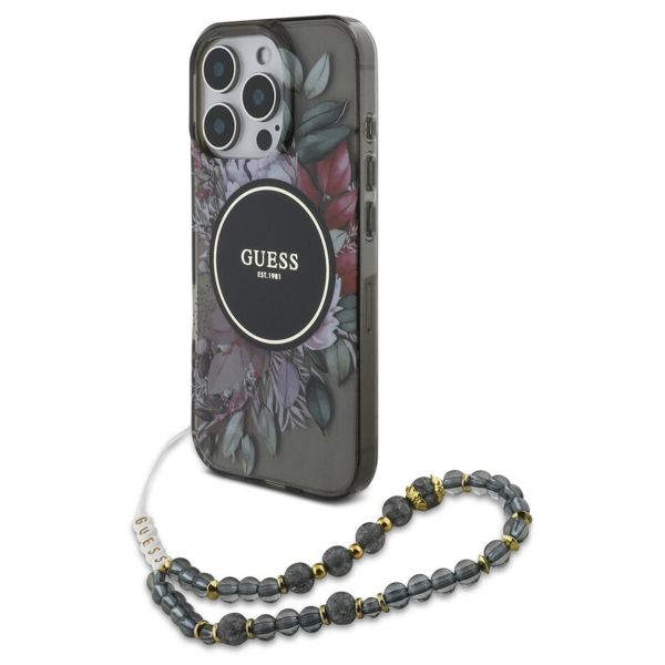 Guess MagSafe IML Flowers Case avec beads strap Apple iPhone 15 Pro Max - Noir