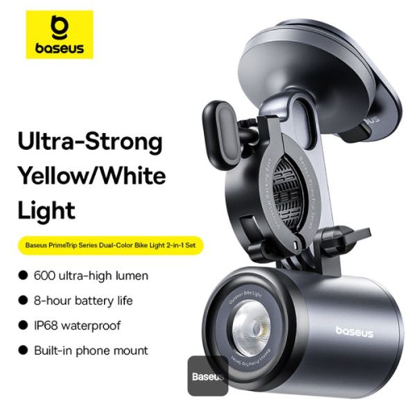 Baseus PrimeTrip support de téléphone 2-en-1 pour vélo avec lumière de vélo - Magnétique - Universel - Cosmic Black
