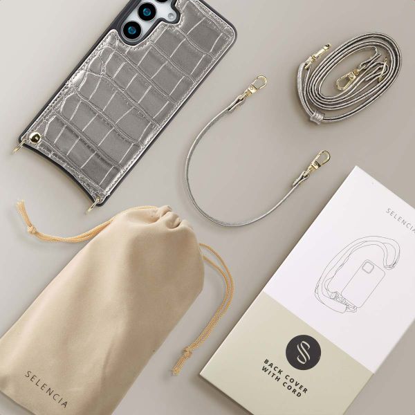 Selencia Coque de télephone Nova Croco avec cordon et porte-cartes Samsung Galaxy S25 - Argent