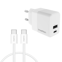 imoshion Chargeur - USB-C et USB-A - Power Delivery et Quick Charge - 35 W + câble USB-C vers USB-C - 1 mètre - Blanc