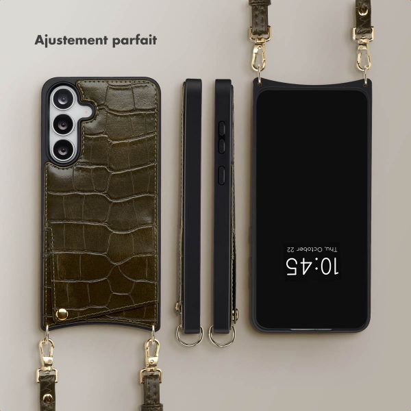 Selencia Coque de télephone Nova Croco avec cordon et porte-cartes Samsung Galaxy S25 FE - Dark Olive