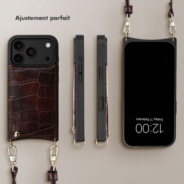 Selencia Coque de télephone Nova Croco avec cordon et porte-cartes Apple iPhone 18 Pro Max / 17 Pro Max - Choco Brown