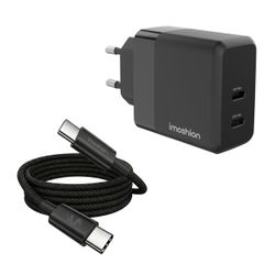 imoshion Adapteur secteur - Chargeur - 2 ports USB-C 40 W + câble tressé USB-C vers USB-C 100 W - 1 mètre - Noir