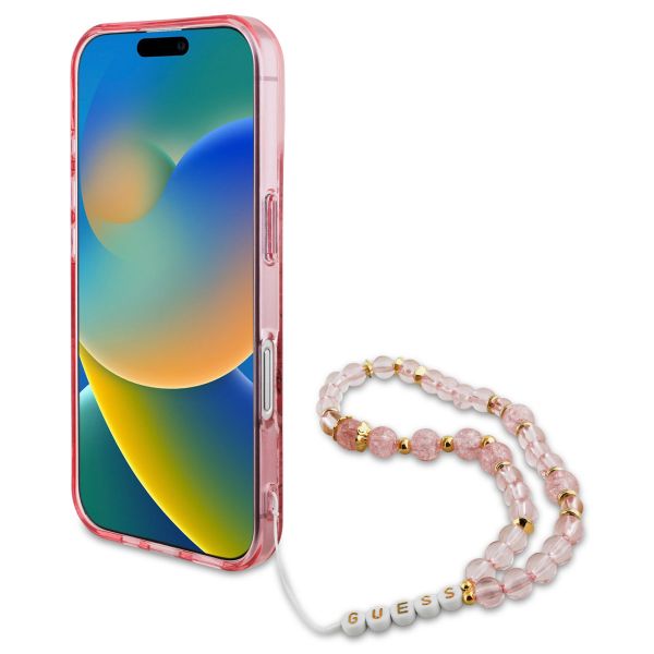 Guess MagSafe IML Flowers Case avec beads strap Apple iPhone 16 - Pink