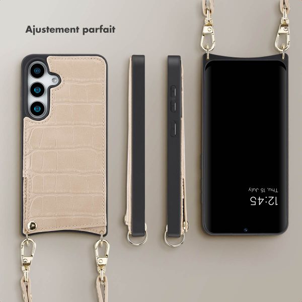 Selencia Coque de télephone Nova Croco avec cordon et porte-cartes Samsung Galaxy S25 - Beige