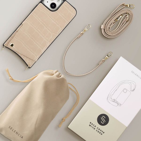 Selencia Coque de télephone Nova Croco avec cordon et porte-cartes Apple iPhone 13 - Beige