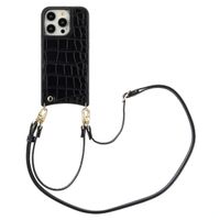 Selencia Coque de télephone Nova Croco avec cordon et porte-cartes Apple iPhone 14 Pro - Noir