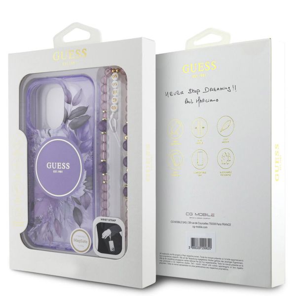 Guess MagSafe IML Flowers Case avec beads strap Apple iPhone 15 Pro Max - Purple