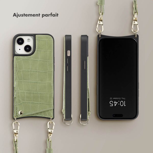 Selencia Coque de télephone Nova Croco avec cordon et porte-cartes Apple iPhone 15 - Sage Green