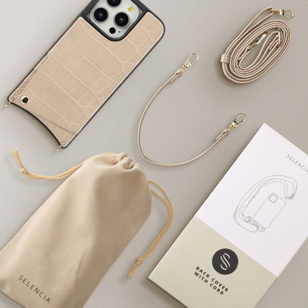 Selencia Coque de télephone Nova Croco avec cordon et porte-cartes Apple iPhone 14 Pro - Beige