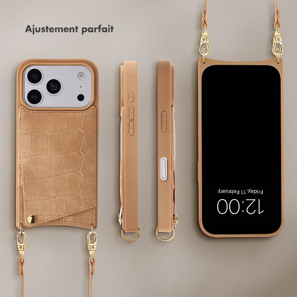 Selencia Coque de télephone Nova Croco avec cordon et porte-cartes Apple iPhone 18 Pro / 17 Pro - Toasted Almond