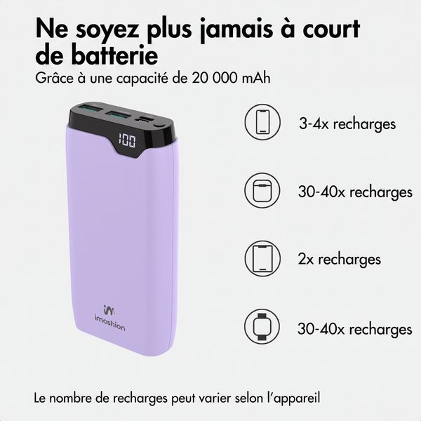 imoshion Batterie externe 20 000 mAh - Chargeur rapide 22,5 W - USB-C / USB-A - Lilas
