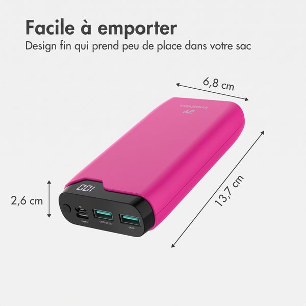 imoshion Batterie externe 20 000 mAh - Chargeur rapide 22,5 W - USB-C / USB-A - Rose vif