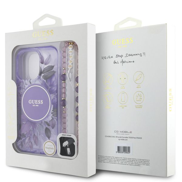 Guess MagSafe IML Flowers Case avec beads strap Apple iPhone 15 Pro - Purple