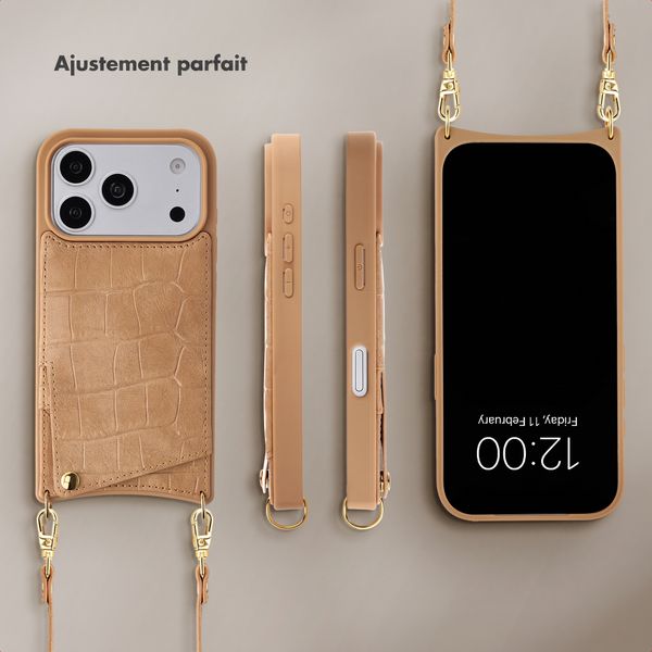 Selencia Coque de télephone Nova Croco avec cordon et porte-cartes Apple iPhone 18 Pro Max / 17 Pro Max - Toasted Almond