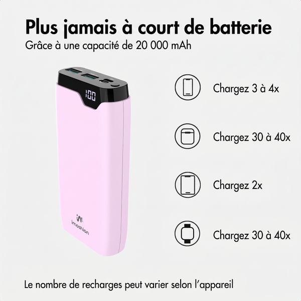 imoshion Batterie externe 20 000 mAh - Chargeur rapide 22,5 W - USB-C / USB-A - Rose