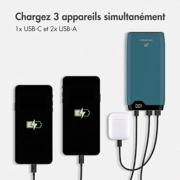 imoshion Batterie externe 20 000 mAh - Chargeur rapide 22,5 W - USB-C / USB-A - Vert pétrole