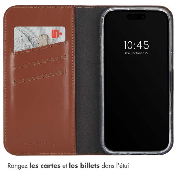 Selencia Étui portefeuille en cuir véritable Apple iPhone 16 Pro Max - Marron clair