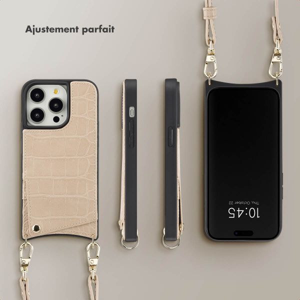 Selencia Coque de télephone Nova Croco avec cordon et porte-cartes Apple iPhone 14 Pro - Beige