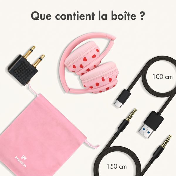 imoshion Casque sans fil pour enfants LED Light - Limiteur de décibels - Avec câble AUX - Cœurs