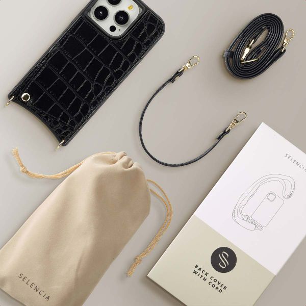 Selencia Coque de télephone Nova Croco avec cordon et porte-cartes Apple iPhone 14 Pro - Noir