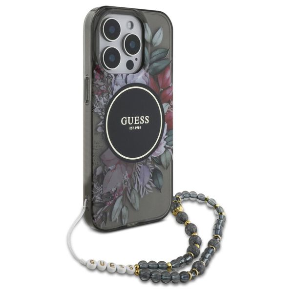 Guess MagSafe IML Flowers Case avec beads strap Apple iPhone 15 Pro Max - Noir