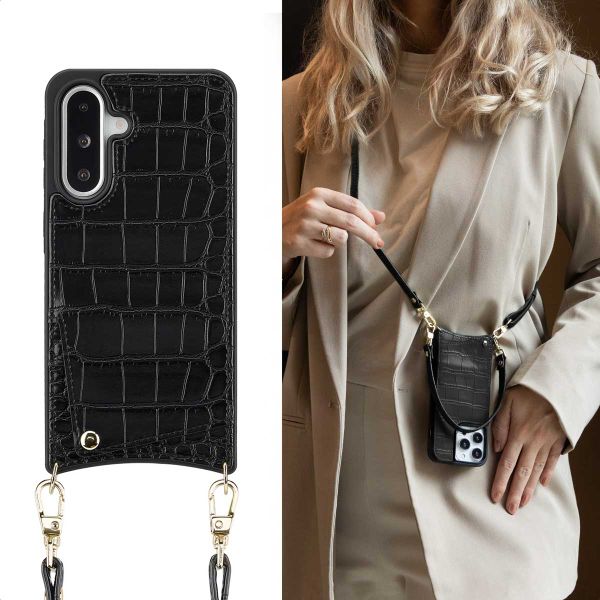 Selencia Coque de télephone Nova Croco avec cordon et porte-cartes Samsung Galaxy A36 / A56 - Noir