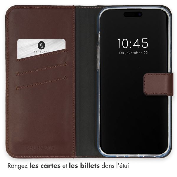 Selencia Étui portefeuille en cuir véritable Apple iPhone 15 Pro - Marron