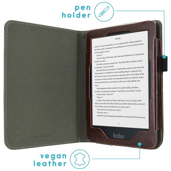 imoshion Étui de liseuse portefeuille en cuir végan Kobo Clara HD - Marron foncé