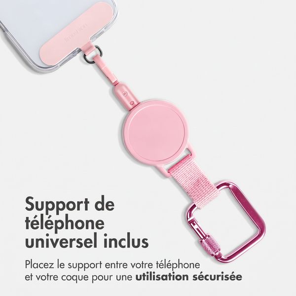 imoshion Cordon rétractable avec mousqueton et patch pour téléphone - Cordon de téléphone anti-vol - Rose