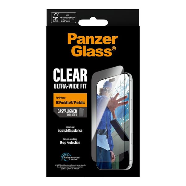 PanzerGlass Protection d'écran Ultra-Wide Fit Anti-bactérienne avec applicateur Apple iPhone 18 Pro Max / 17 Pro Max