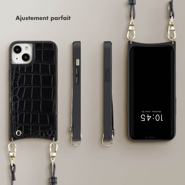 Selencia Coque de télephone Nova Croco avec cordon et porte-cartes Apple iPhone 13 - Noir