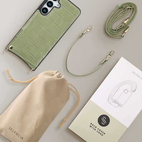 Selencia Coque de télephone Nova Croco avec cordon et porte-cartes Samsung Galaxy S25 - Sage Green