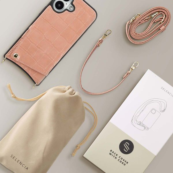 Selencia Coque de télephone Nova Croco avec cordon et porte-cartes Apple iPhone 16 - Old Pink