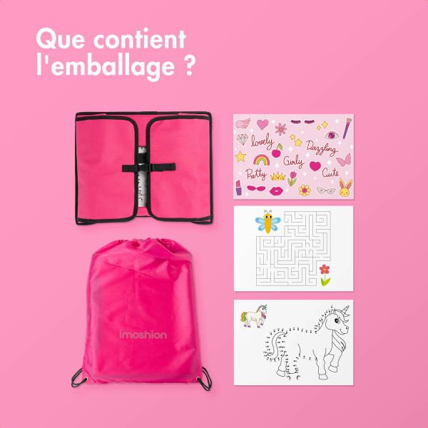 imoshion Table de voyage - Support de tablette voiture - 7 compartiments de rangement - Inclus 2 coloriages - Rose