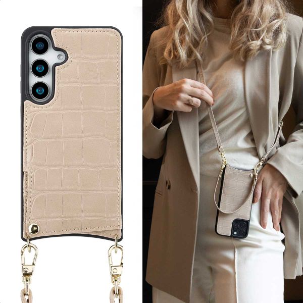Selencia Coque de télephone Nova Croco avec cordon et porte-cartes Samsung Galaxy S25 - Beige
