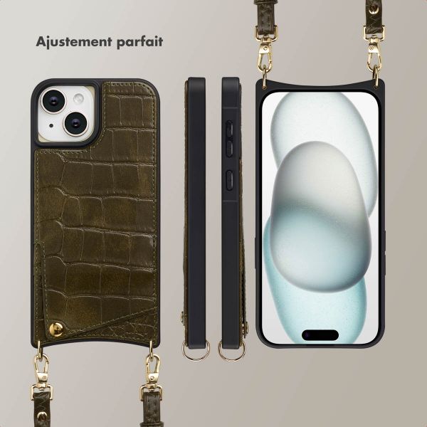 Selencia Coque de télephone Nova Croco avec cordon et porte-cartes Apple iPhone 15 - Dark Olive