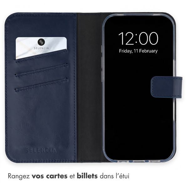 Selencia Étui portefeuille en cuir véritable Apple iPhone 18 Pro / 17 Pro - Bleu