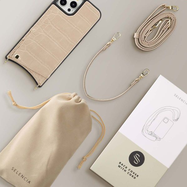 Selencia Coque de télephone Nova Croco avec cordon et porte-cartes Apple iPhone 12 (Pro) - Beige