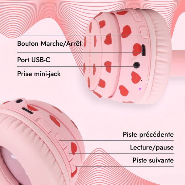 imoshion Casque sans fil pour enfants LED Light - Limiteur de décibels - Avec câble AUX - Cœurs
