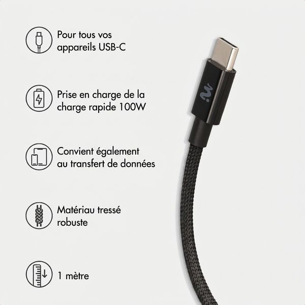 imoshion Adapteur secteur - Chargeur - 2 ports USB-C 40 W + câble tressé USB-C vers USB-C 100 W - 1 mètre - Noir