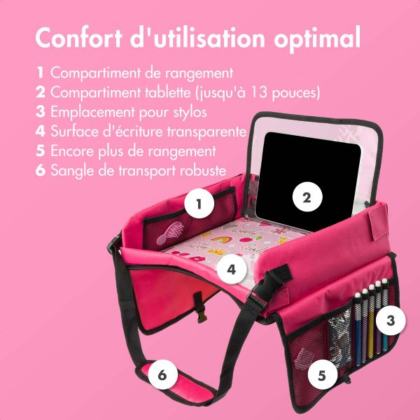imoshion Table de voyage - Support de tablette voiture - 7 compartiments de rangement - Inclus 2 coloriages - Rose
