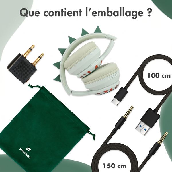 imoshion Casque sans fil pour enfants Dino LED Light - Limiteur de décibels - Avec câble AUX - Brown / Orange