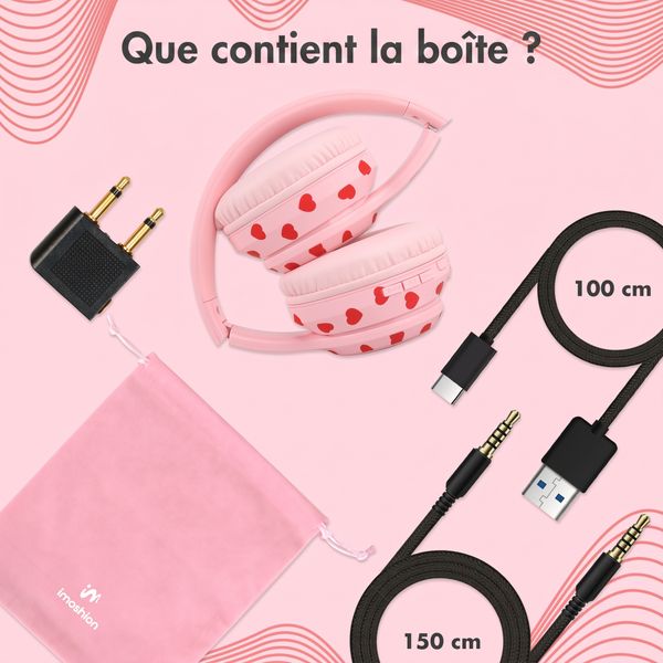 imoshion Casque sans fil pour enfants LED Light - Limiteur de décibels - Avec câble AUX - Cœurs