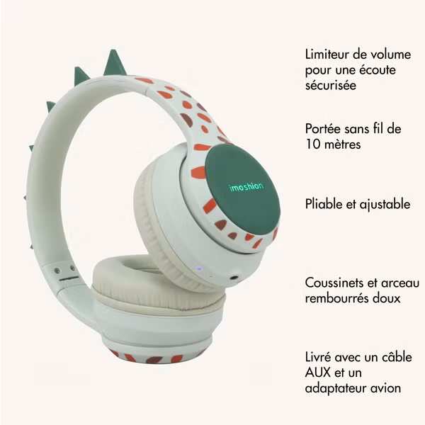 imoshion Casque sans fil pour enfants Dino LED Light - Limiteur de décibels - Avec câble AUX - Brown / Orange