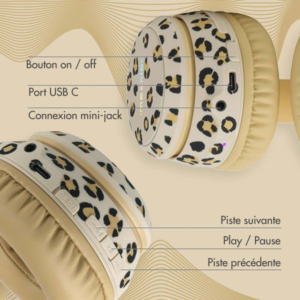 imoshion Édition Spéciale - Casque sans fil pour enfants avec imprimé léopard LED Light - Limiteur de décibels - Avec câble AUX - Léopard