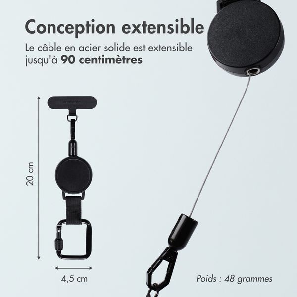 imoshion Cordon rétractable avec mousqueton et patch pour téléphone - Cordon de téléphone anti-vol - Noir